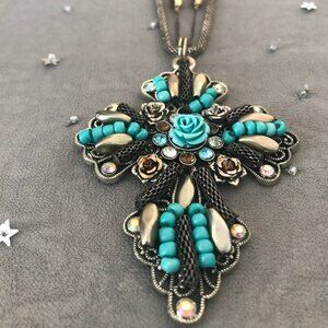 efm double silver strand cross necklace